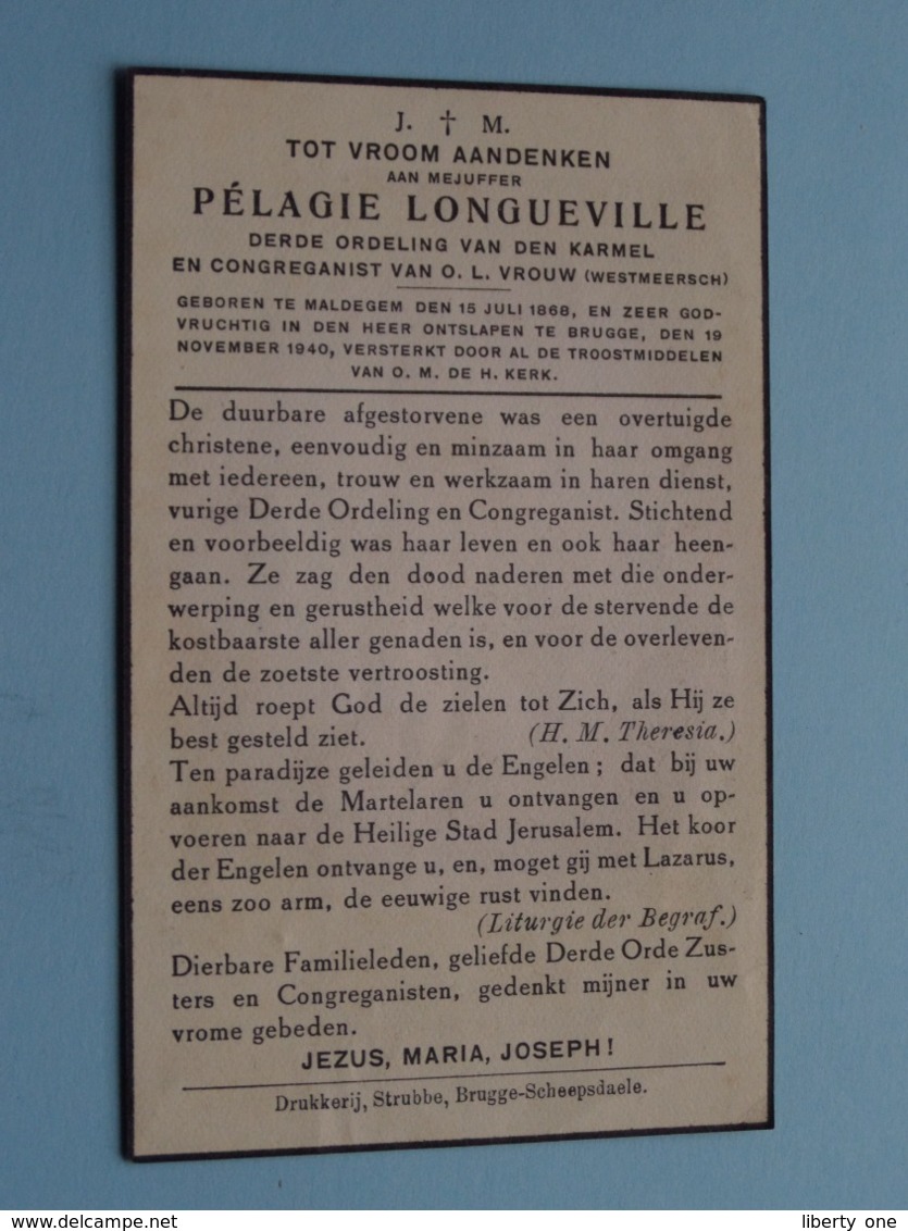 DP Pélagie LONGUEVILLE () Maldegem 15 Juli 1868 - Brugge 19 Nov 1940 ( Zie Foto's ) ! - Obituary Notices