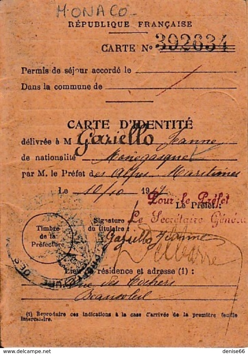 1917 - CARTE D’IDENTITÉ FRANÇAISE Pour Une Personne Monégasque Jeanne GAZIELLO - Documents Historiques