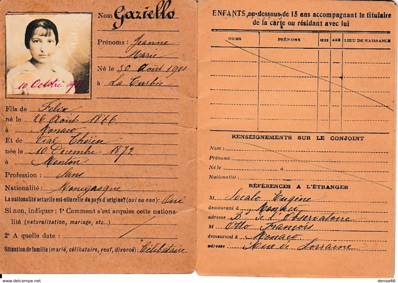 1917 - CARTE D’IDENTITÉ FRANÇAISE Pour Une Personne Monégasque Jeanne GAZIELLO - Documents Historiques