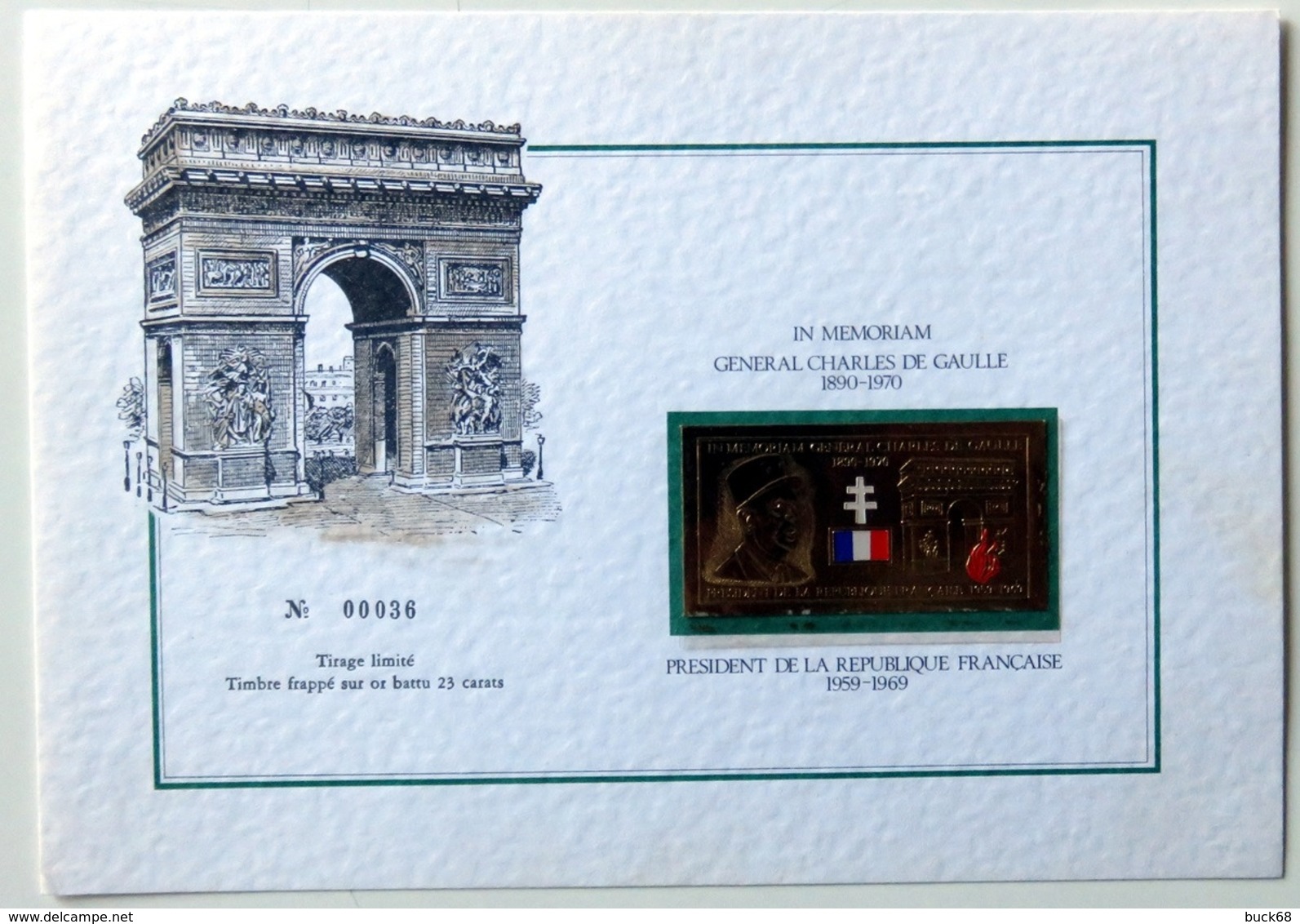 FRANCE Encart A5 In Memoriam Général Charles De Gaulle  N° 00036 Tirage Limité Frappé Sur Or Battu 23 Carats [GR] - Collectors