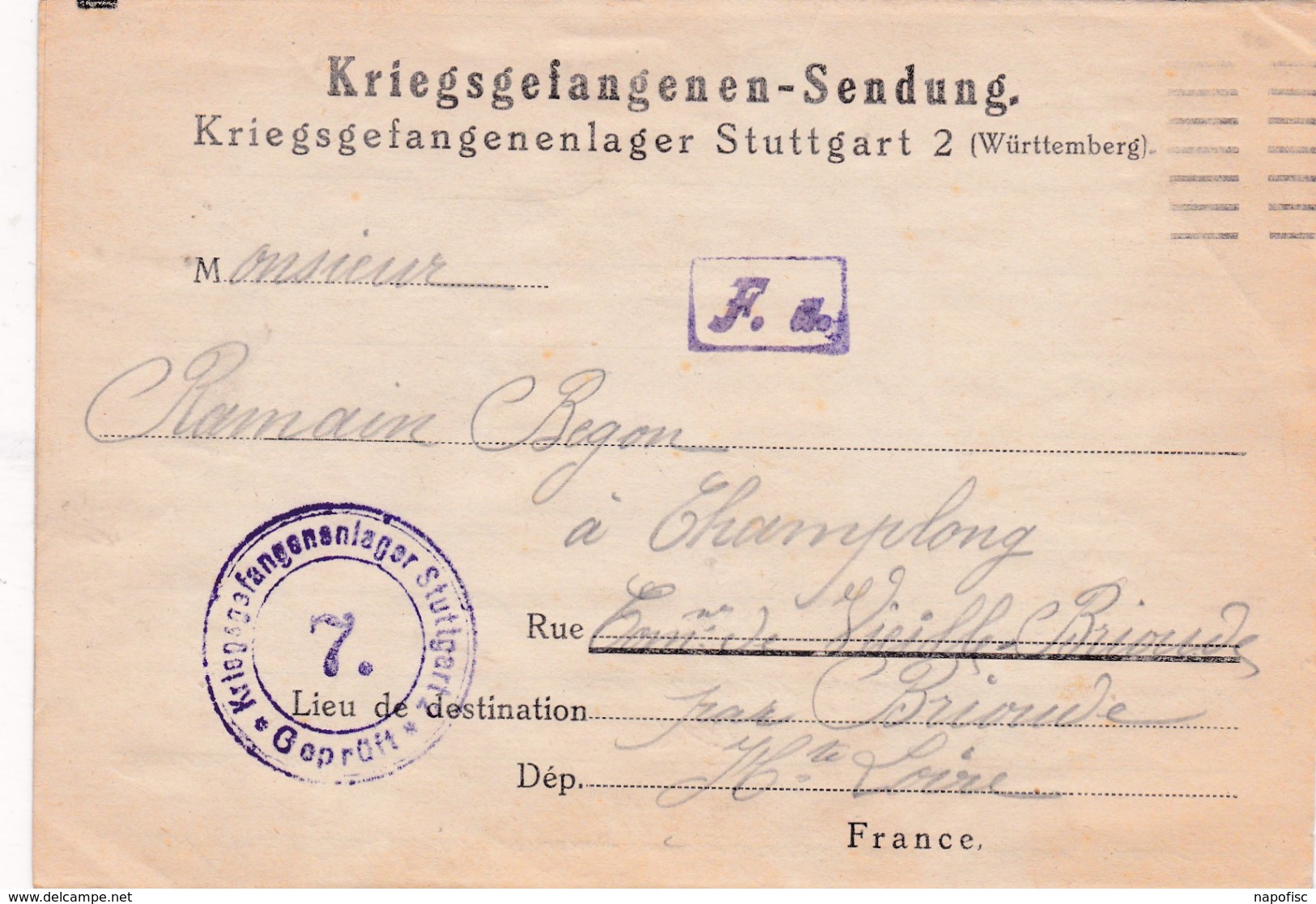 Kriegsgefangenenlager Stuttgart>Champlong Par  Vieille-Brioude Haute-Loire France-Frankreich..1918 - Lettres & Documents