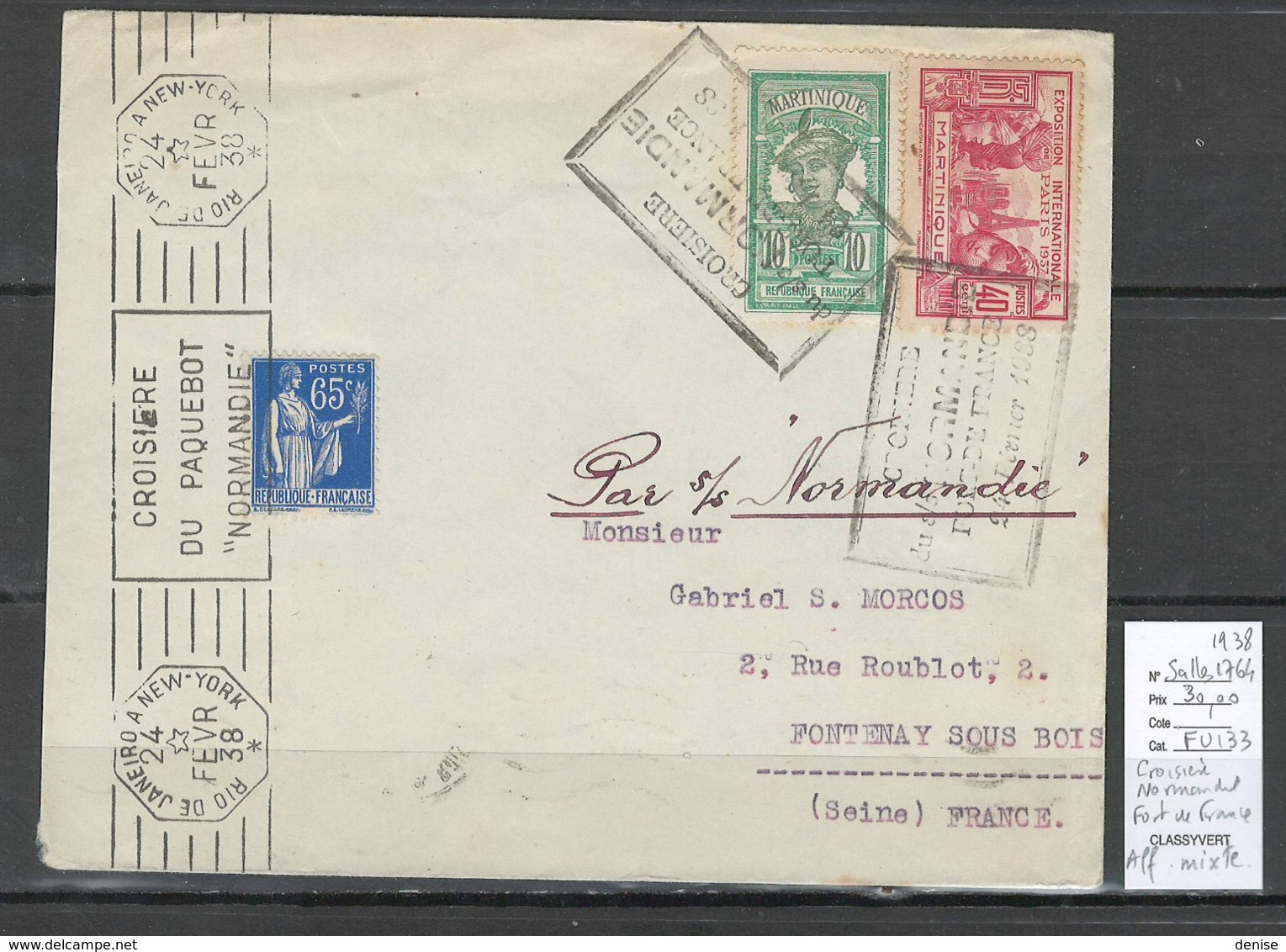 France -Lettre - Croisiere Du Normandie - 1938 - Martinique - - Maritime Post