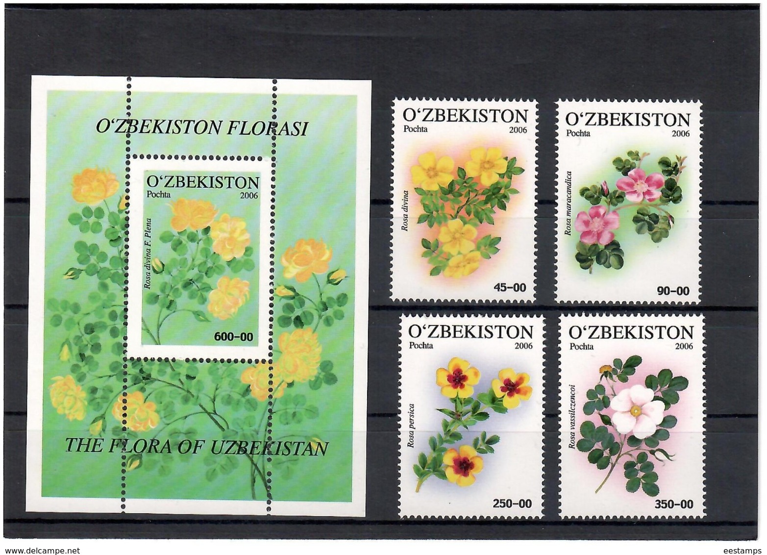 Uzbekistan 2006.Roses. 4v +S/S; 45,90,250,350,+600  Michel # 693-96 + BL 44 - Uzbekistán