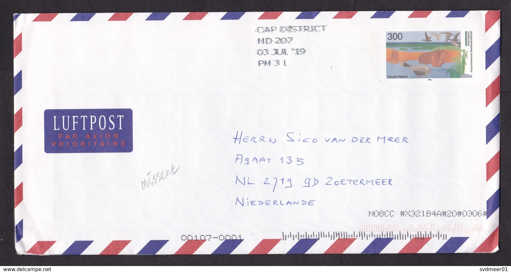 Germany: Stationery Airmail Cover To Netherlands, 2019, Missent To USA: Cancel Cap District MD (minor Creases) - Brieven En Documenten