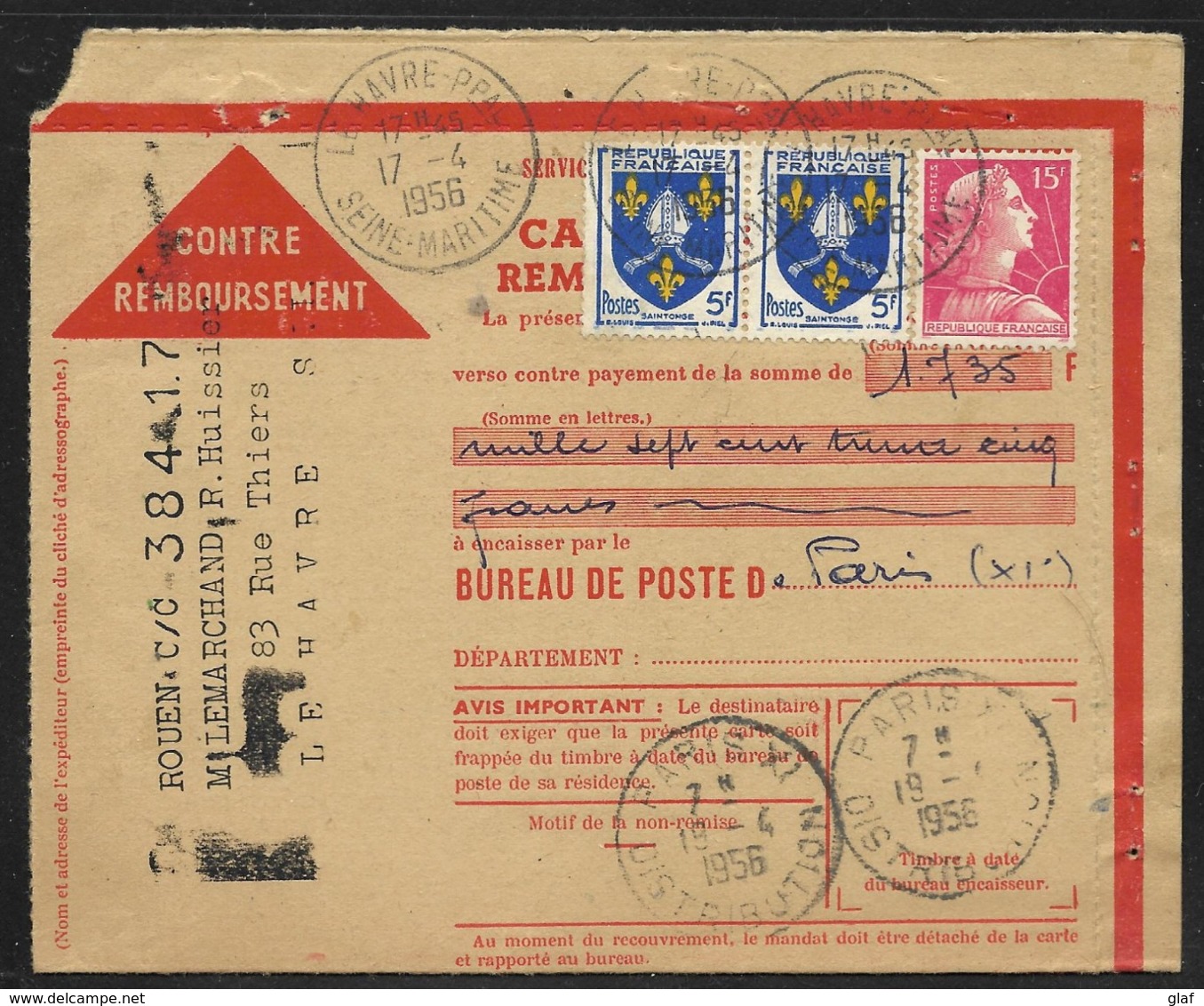 Carte Lettre Contre-remboursement CCP Affr. 15 F Marianne De Muller + 2 X 5 F Saintonge Obl. Tàd Le Havre Ppal 17.4.1956 - Tarifs Postaux