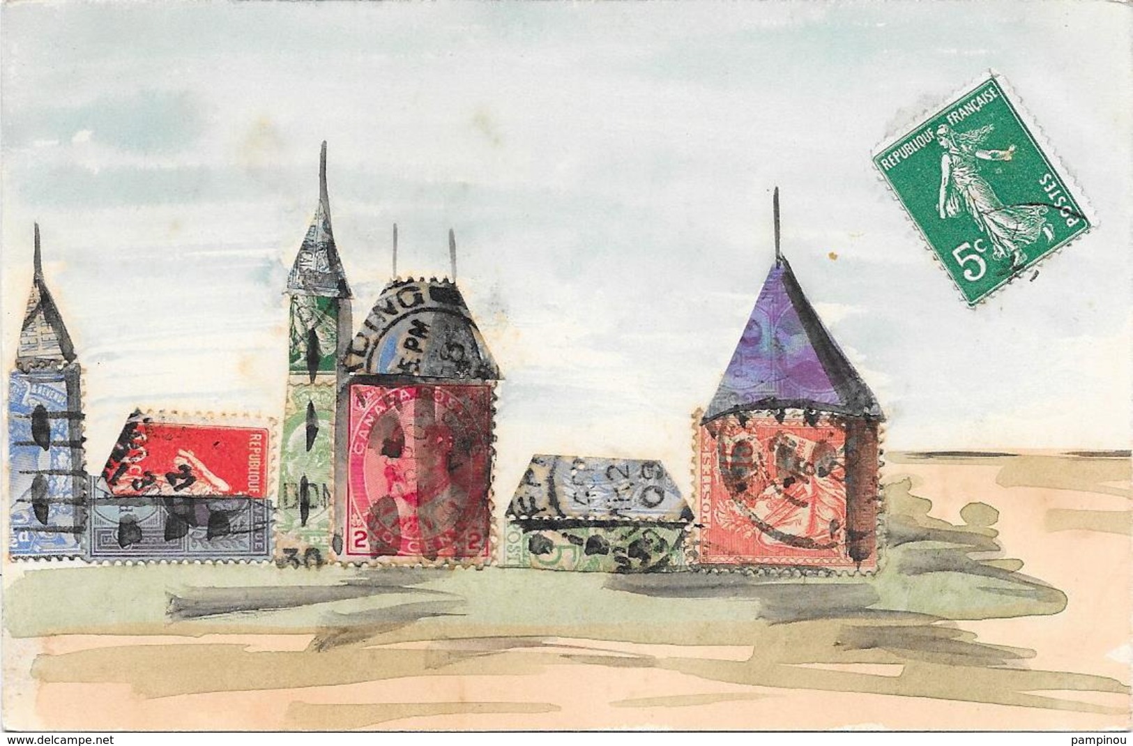 Cpa COLLAGE DE TIMBRES Représentant Un Village Avec Des Tours De Château - Timbres (représentations)