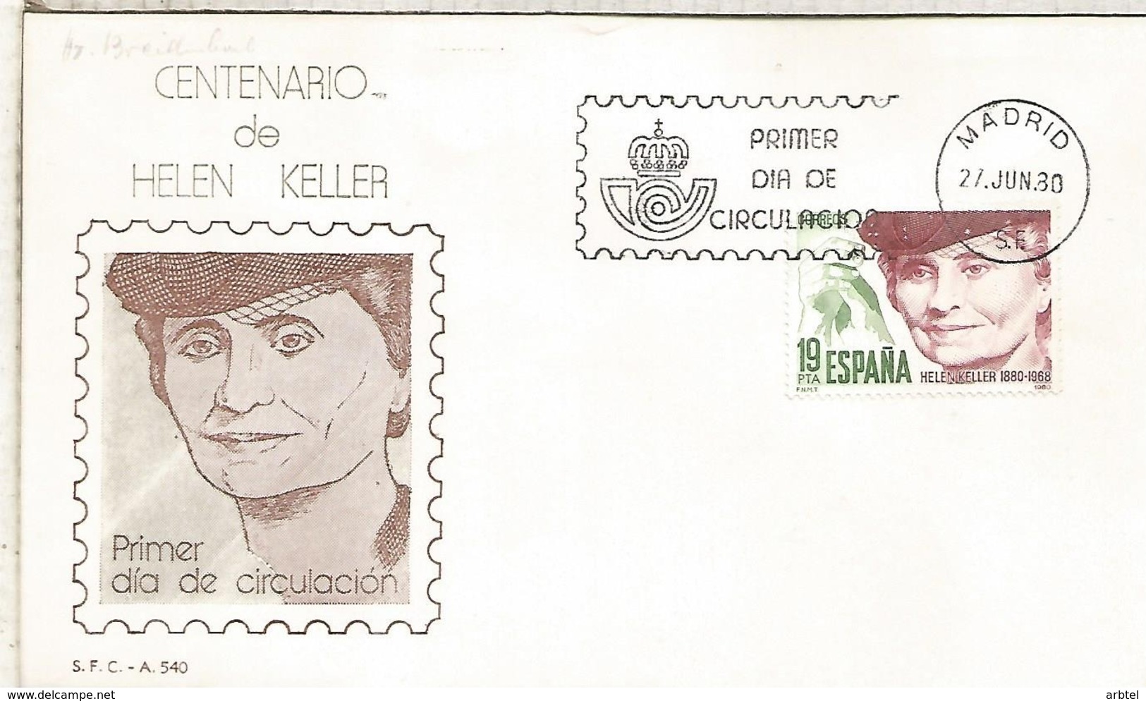 ESPAÑA SPD 1980 HELEN KELLER CIEGO MINUSVALIDO BLIND - Handicap