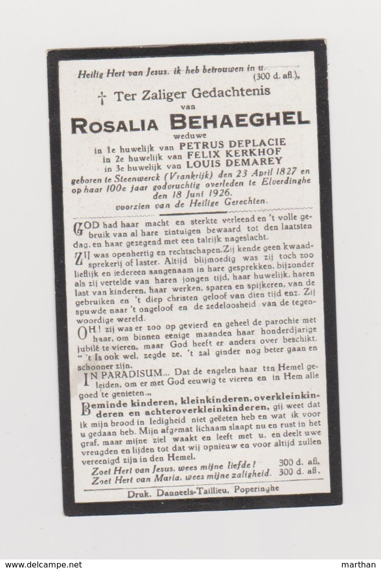 DOODSPRENTJE BEHAEGHEL ROSALIA WEDUWE DEPLACIE - KERKHOF - DEMAREY STEENWERCK (FR) ELVERDINGE (1827 - 1926) - Images Religieuses