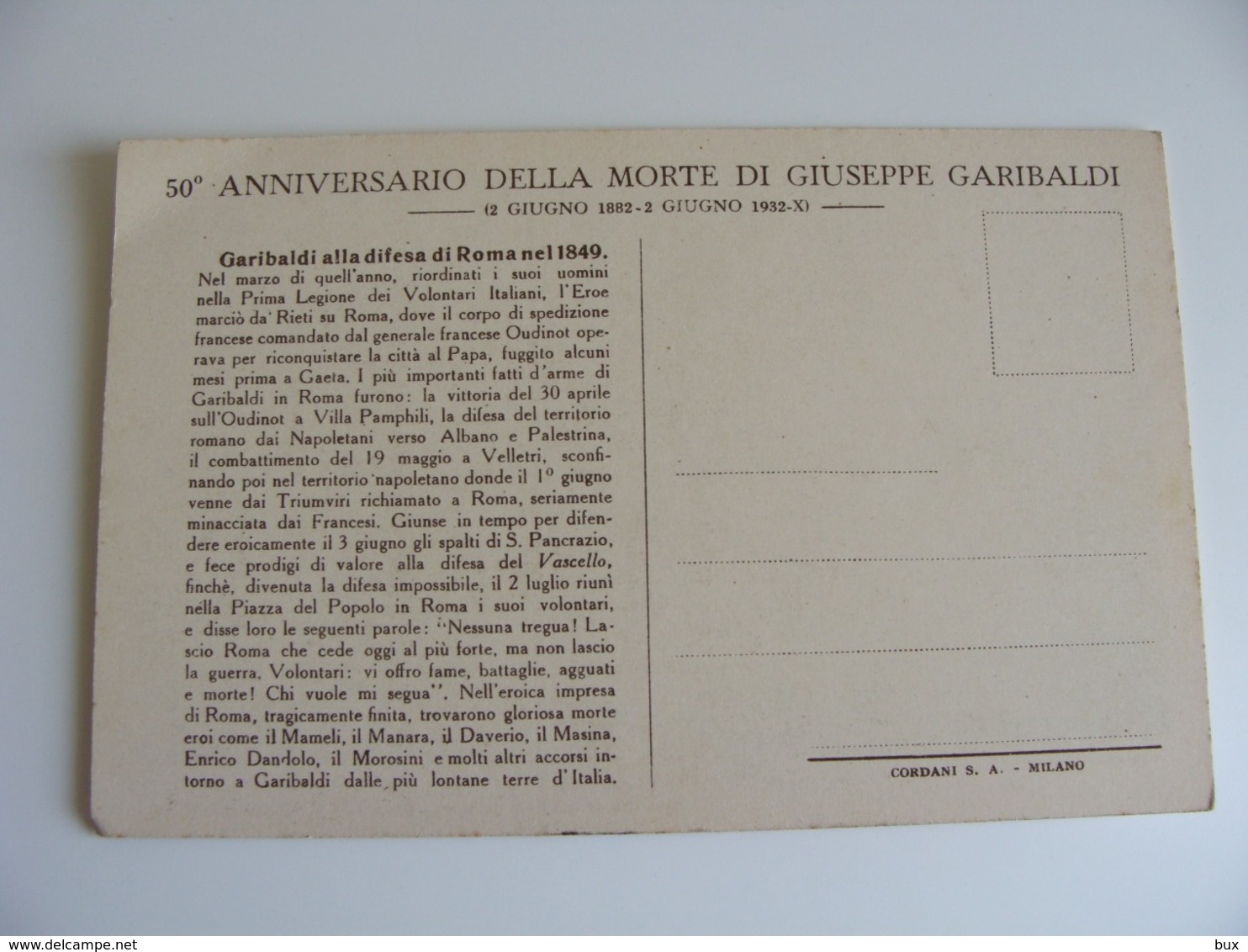 1932  GARIBALDI   50° ANNIVERSARIO MORTE  FORMATO PICCOLO NON VIAGGIATA - Personaggi Storici