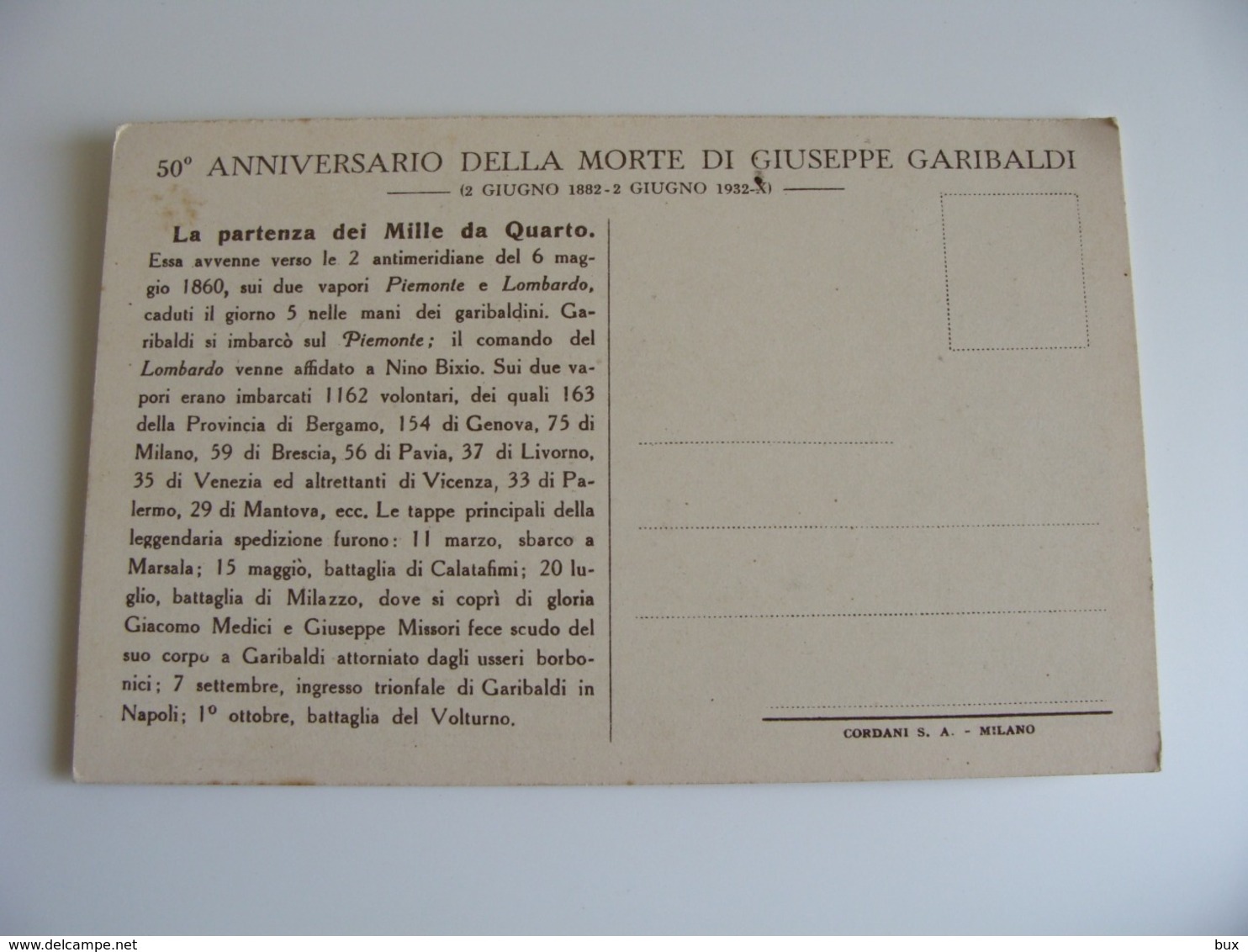 1932  GARIBALDI   50° ANNIVERSARIO MORTE  FORMATO PICCOLO NON VIAGGIATA - Personaggi Storici