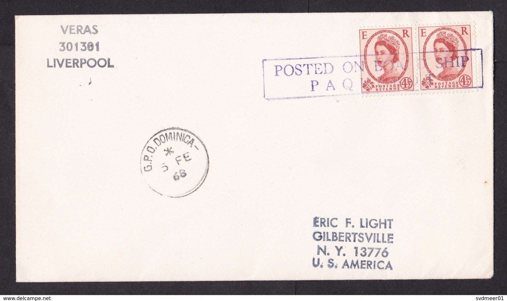 UK: Cover To USA, 1968, 2 Stamps, Posted In Dominica, Ship Mail, Paquebot, Veras Liverpool (traces Of Use) - Brieven En Documenten