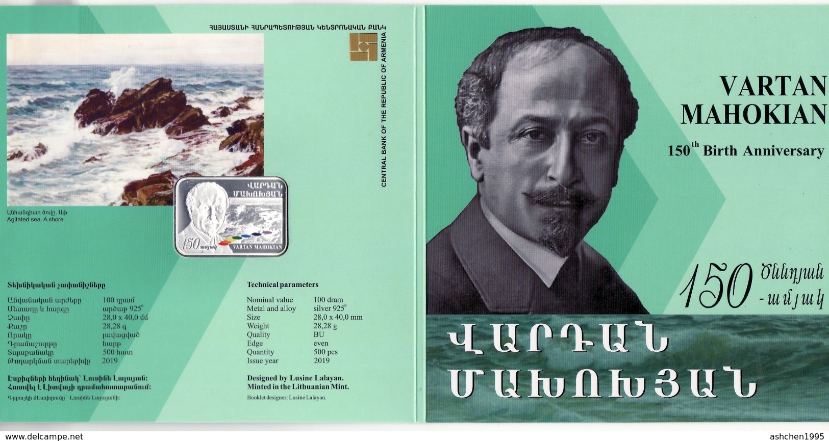 Armenien/Armenie/Armenia 2019, 150th Anniv. Of Vartan Mahokian (1869-1937, Marine Art, Silver Coin In Booklet - PROOF - Armenien
