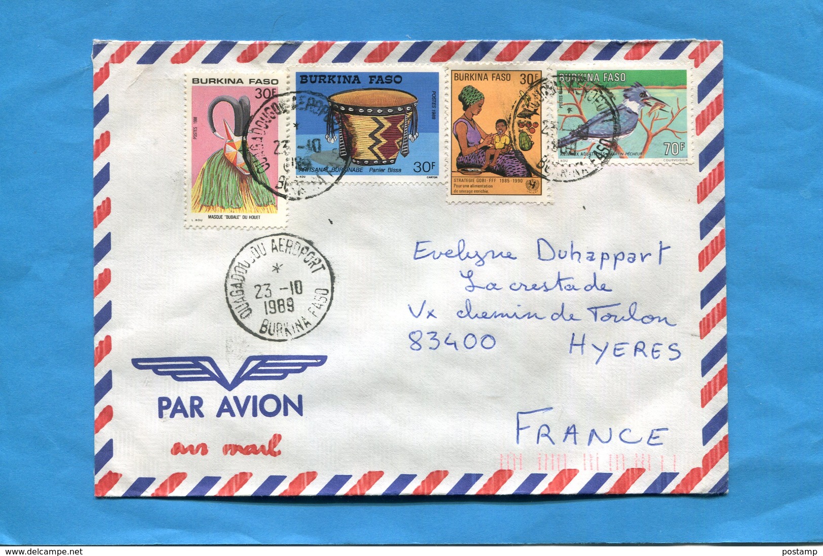 MARCOPHILIE- Lettre BURKINA FASO>Françe-cad 1989 -4- Stamps N°.789 Oiseau-martin Pêcheur+777+masque+784 - Burkina Faso (1984-...)