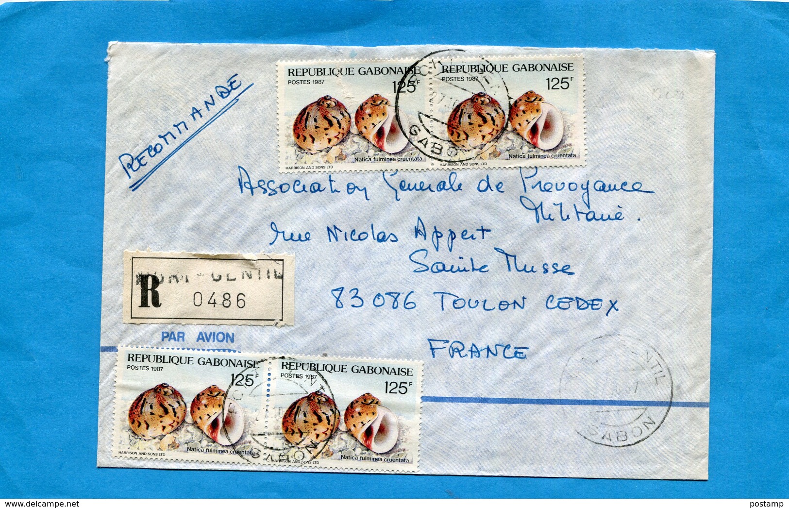 MARCOPHILIE- Lettre-REC- GABON>Françe-cad 1987-4 Stamps N°612 Coquillage -natica - Gabun (1960-...)