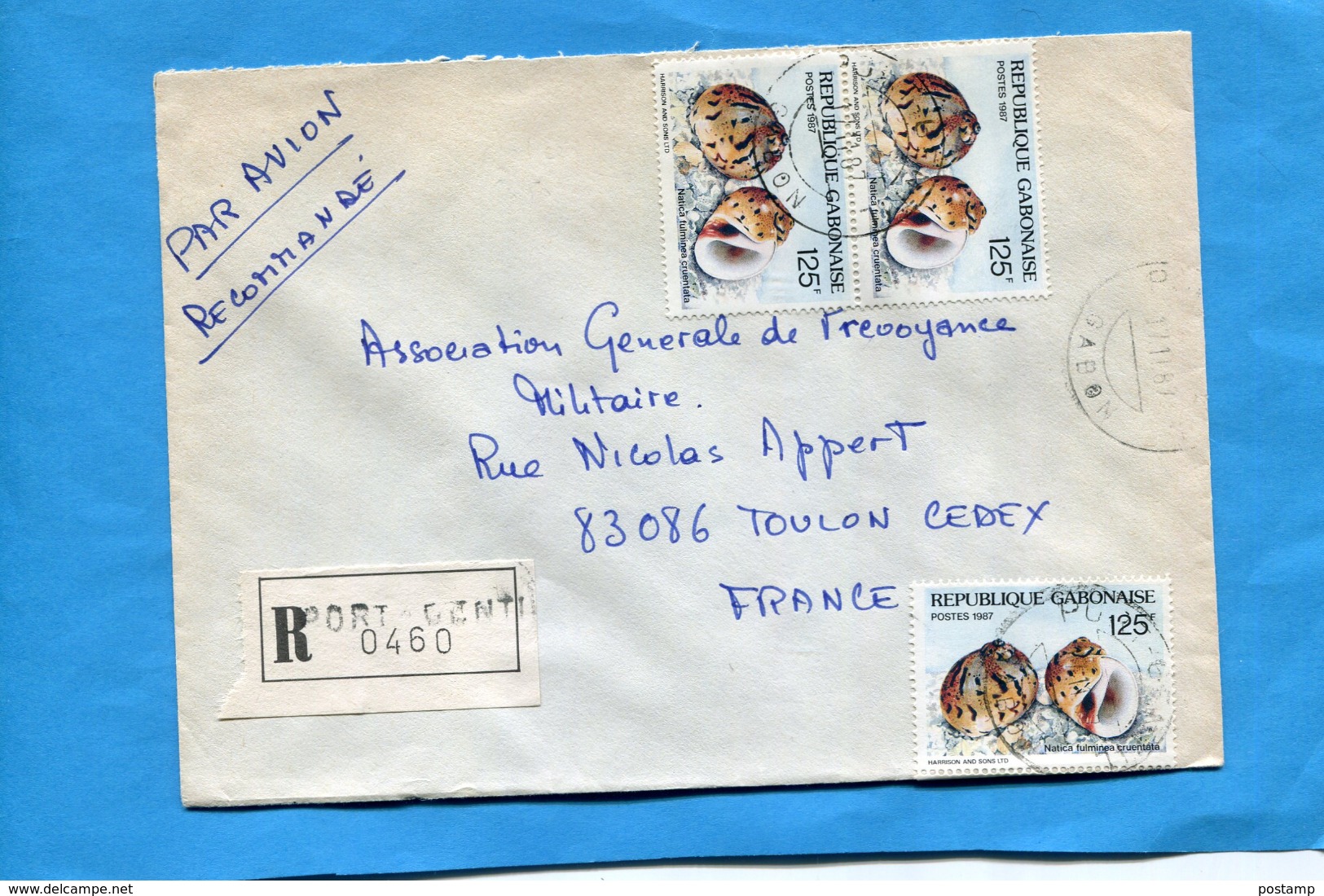 MARCOPHILIE- Lettre-REC- GABON>Françe-cad 1987-4 Stamps-1 Au Dos N°612 Coquillage -natica - Gabon (1960-...)