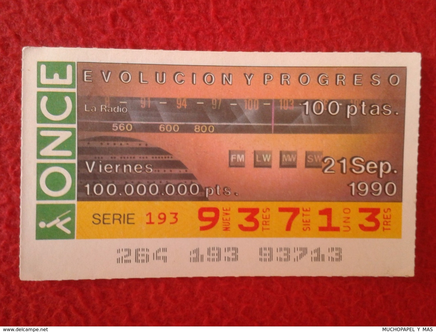 SPAIN CUPÓN DE ONCE CIEGOS LOTTERY LOTERÍA ESPAÑA 1990 EVOLUCIÓN Y PROGRESO EVOLUTION AND PROGRESS LA RADIO...EMISORAS.. - Billetes De Lotería