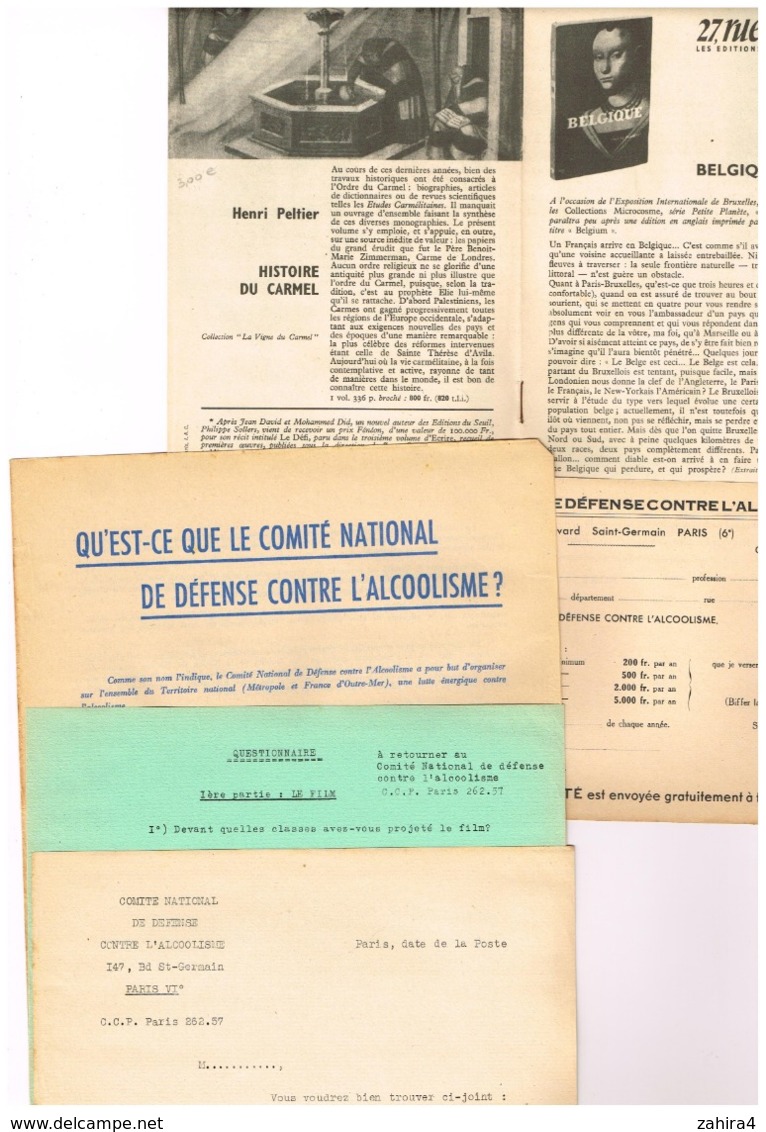 Lot Comité National De Défense Contre L'alcoolisme Qu'est-ce Que ? Courrier Questionnaire Le Film Inscription Cotisation - Unclassified