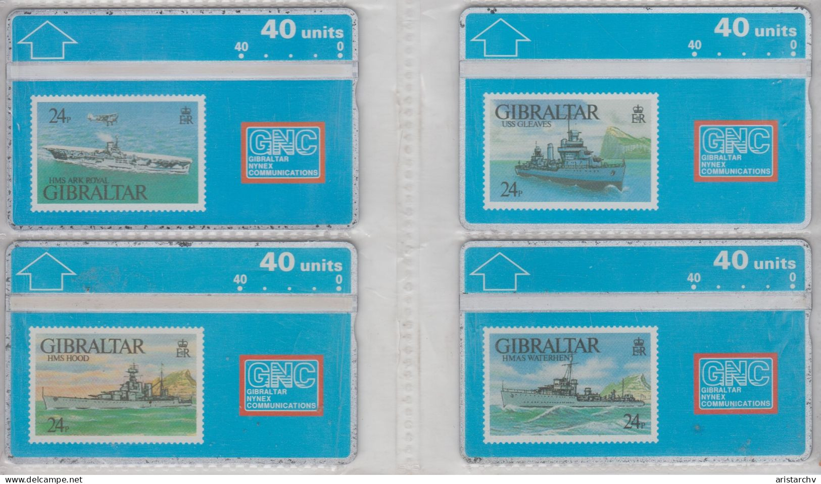 GIBRALTAR 1993 WARSHIP HMS ARK ROYAL USS GLEAVES HOOD HMAS WATERHEN NAVY AIRCRAFT CARRIER FULL SET OF 4 MINT PHONE CARDS - Gibraltar