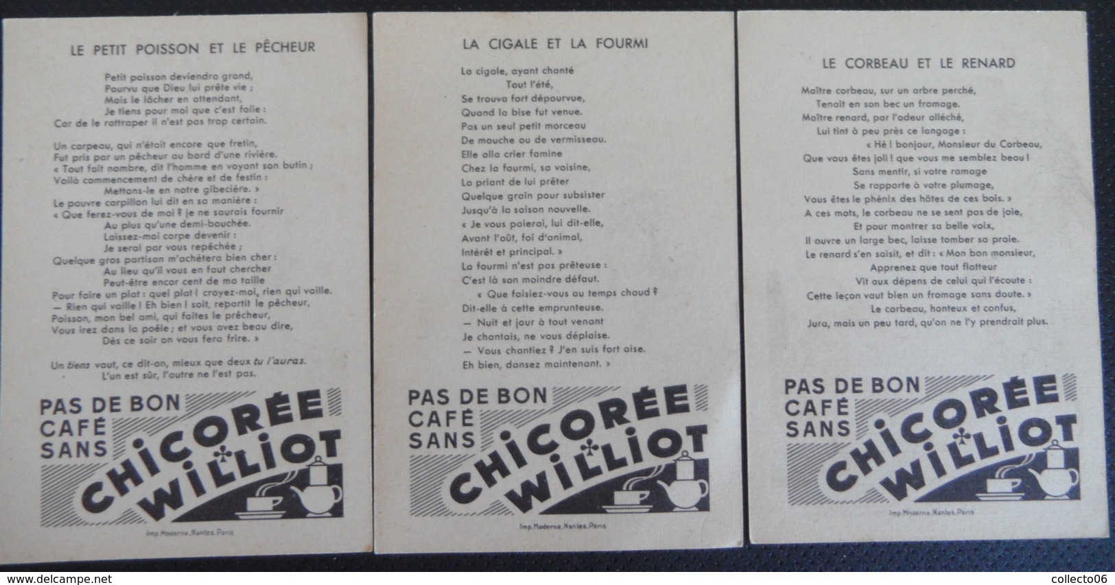 Lot 3 Images Publicitaires Chicorée Williot Fables De La Fontaine Cigale Corbeau - Autres & Non Classés