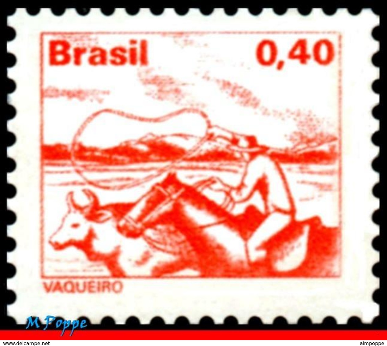 Ref. BR-1445-B BRAZIL 1980 JOBS, NATIONAL PROFESSIONS,1977, , COWBOY, PHOSPHORESCENT MNH 1V Sc# 1445 - Unused Stamps