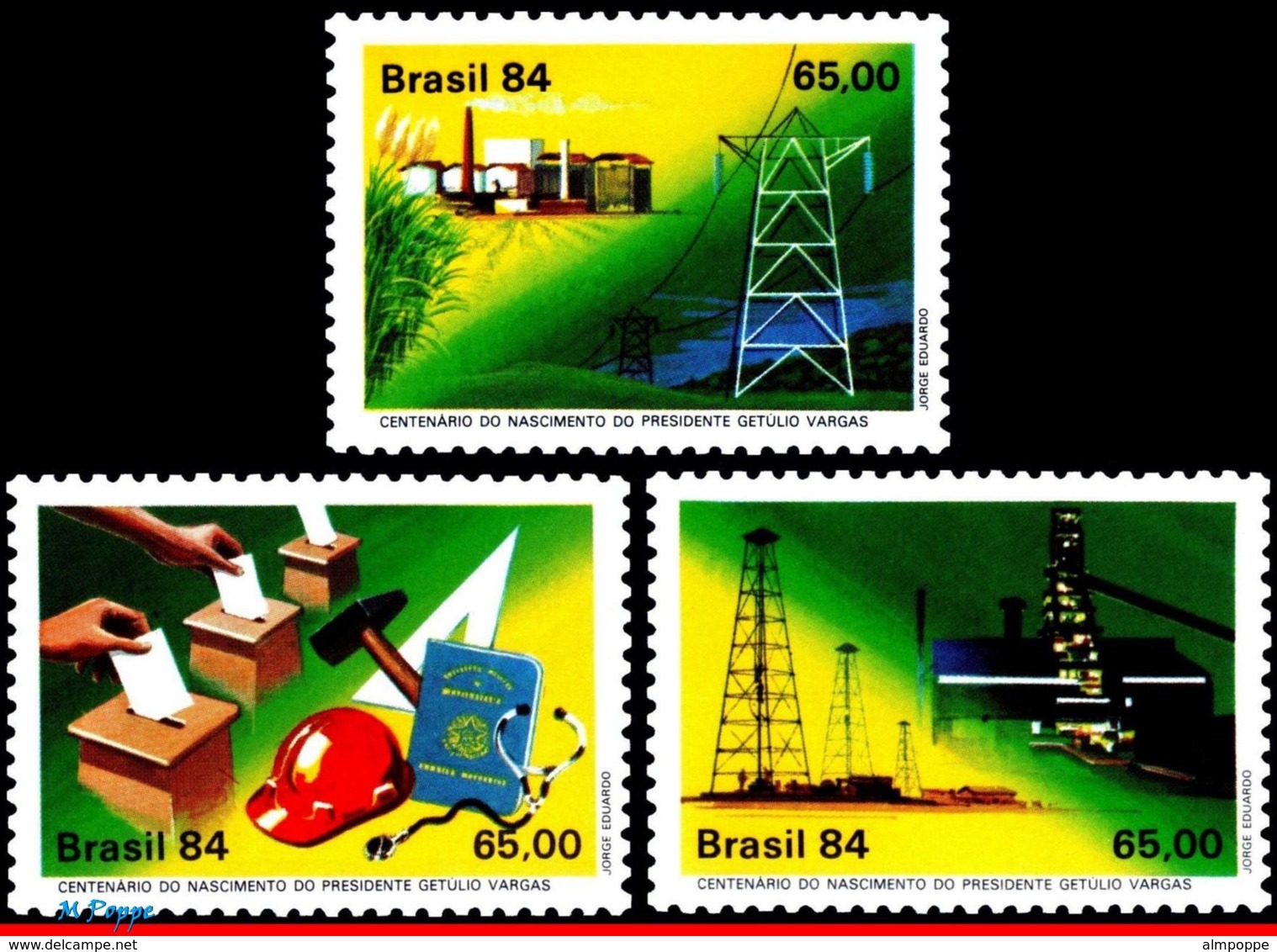 Ref. BR-1911-13 BRAZIL 1984 HISTORY, PRESIDENT GETULIO VARGAS,, MINING, ENERGY, MI# 2030-32, SET MNH 2V Sc# 1911-1913 - Neufs