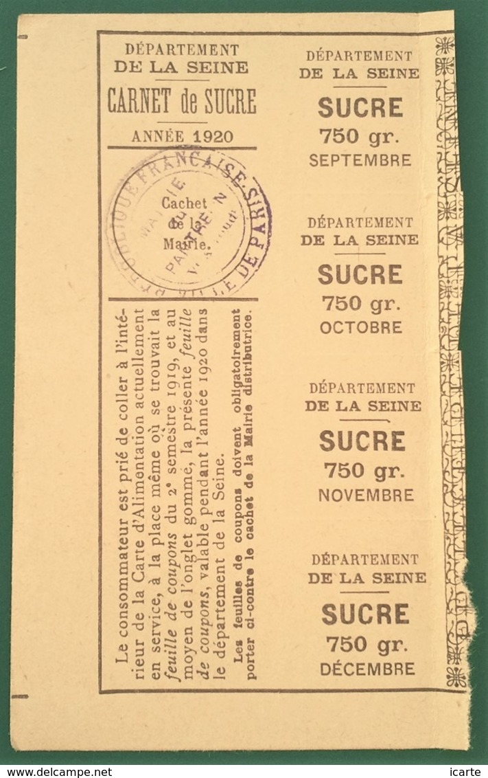 Carnet De Rationnement SUCRE 1920 Paris Mairie Du Panthéon Ve Arrondissement - Sucres