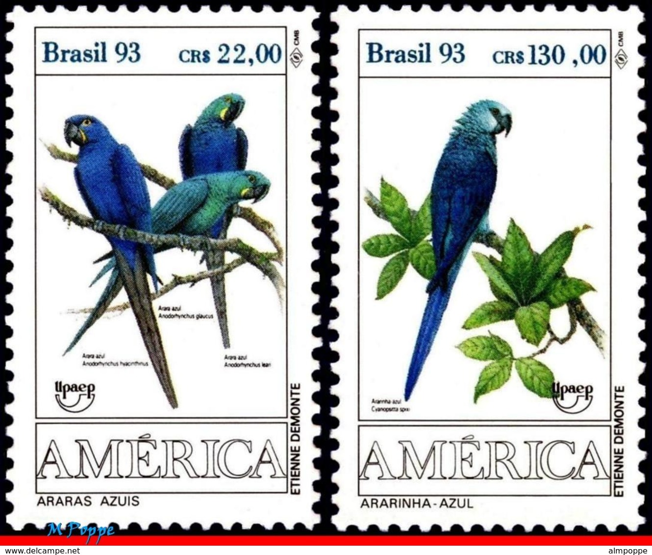 Ref. BR-2423-24 BRAZIL 1993 - PARROTS, AMERICA ISSUE,, UPAEP, FAUNA, MI# 2548-49, SET MNH, BIRDS 2V Sc# 2423-2424 - Ungebraucht