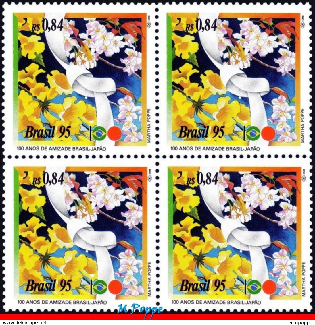 Ref. BR-2534-Q BRAZIL 1995 JOINT ISSUE, WITH JAPAN, FRIENDSHIP,, FLOWERS, MI# 2643, BLOCK MNH 4V Sc# 2534 - Emissions Communes