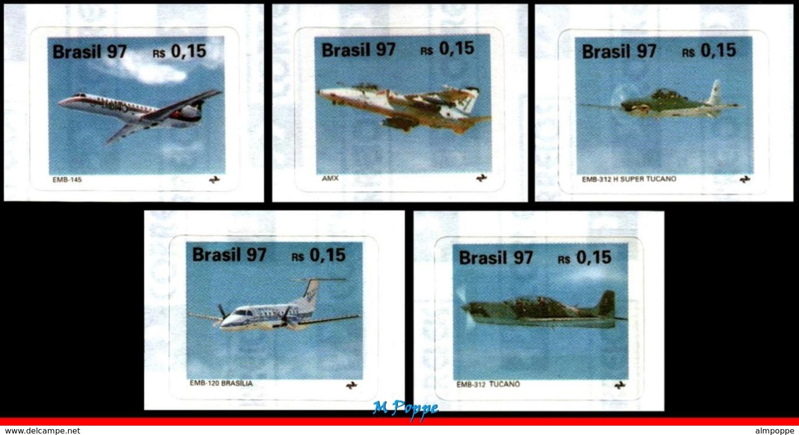 Ref. BR-2619-23 BRAZIL 1997 PLANES, AVIATION, BRAZILIAN AIRPLANES,, TUCANO, BRASILIA, MI# 2740-44,MNH 5V Sc# 2619-2623 - Aerei