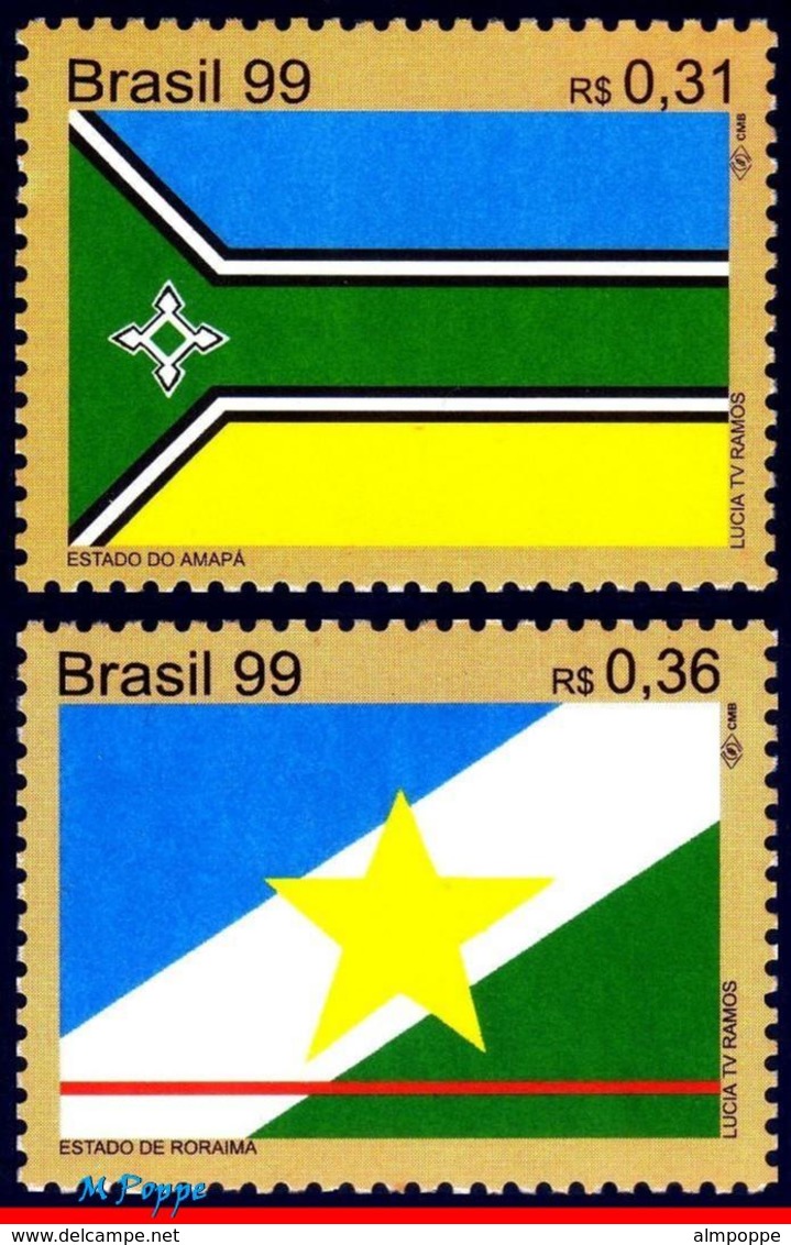 Ref. BR-2726-27 BRAZIL 1999 FLAGS, AMAPA AND RORAIMA FLAGS,, MI# 2977-78, SET MNH 2V Sc# 2726-2727 - Neufs