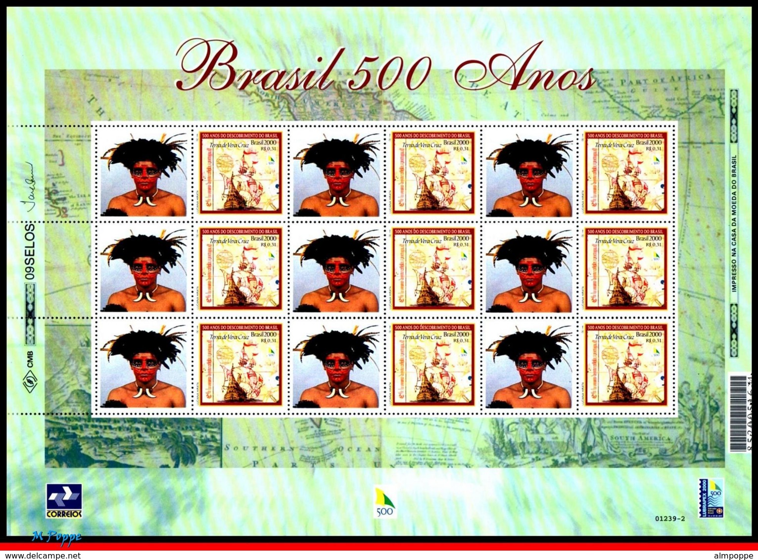 Ref. BR-2739-1FO BRAZIL 2000 HISTORY, DISCOVERY OF BRAZIL,SHIPS, , BOATS,MI# 3006,SHEET PERSONALIZED MNH 9V Sc# 2739 - Bateaux