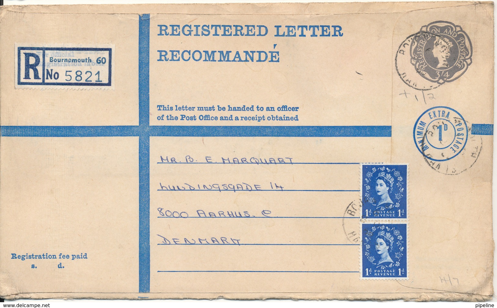 Great Britain Uprated Postal Stationery Registered Letter Sent To Denmark Bournemouth 1960 ?? - Covers & Documents