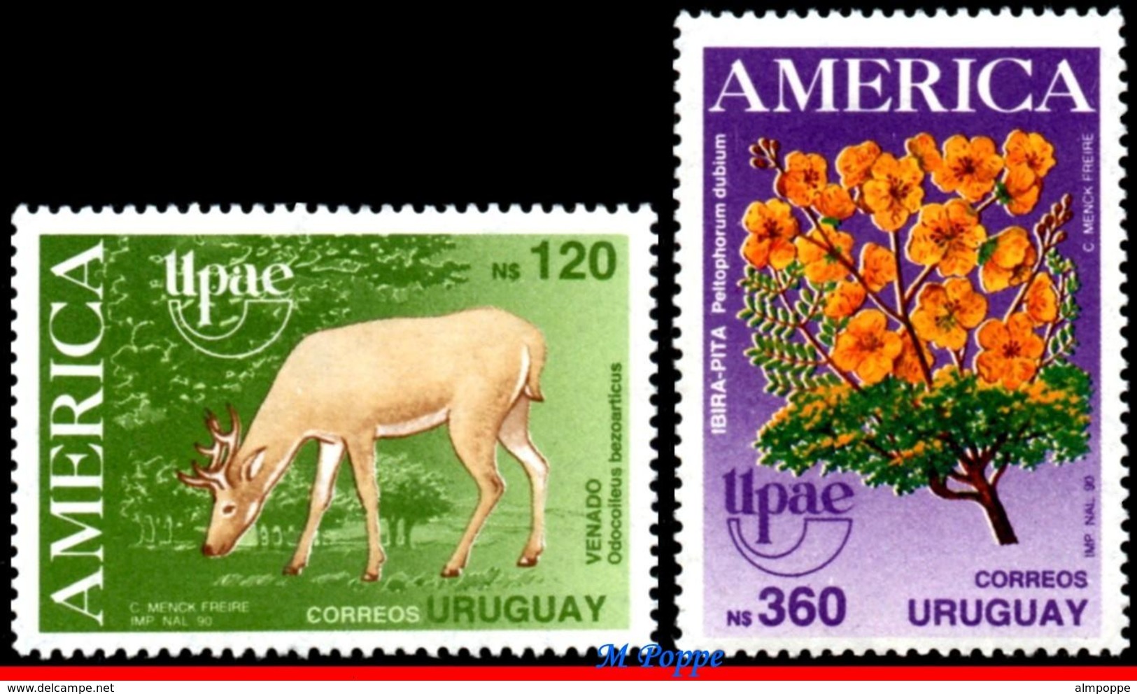 Ref. UR-1355-56 URUGUAY 1990 FAUNA AND FLORA, UPAEP, AMERICA ISSUE,, FLOWERS, DEER, SET MNH 2V - Autres & Non Classés