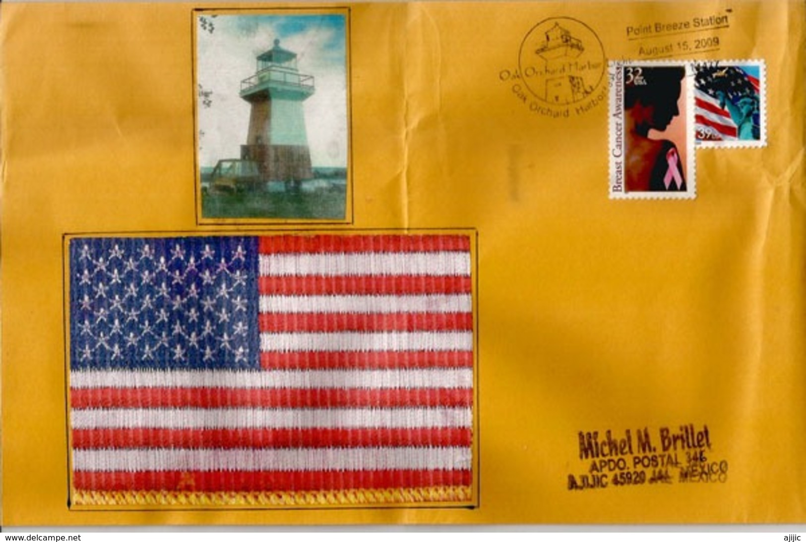 USA.Flag Of The United States. Letter From Oak Orchard Lighthouse,Phare. Point Breeze (Kent), NY,sent To Mexico 2009 - Covers