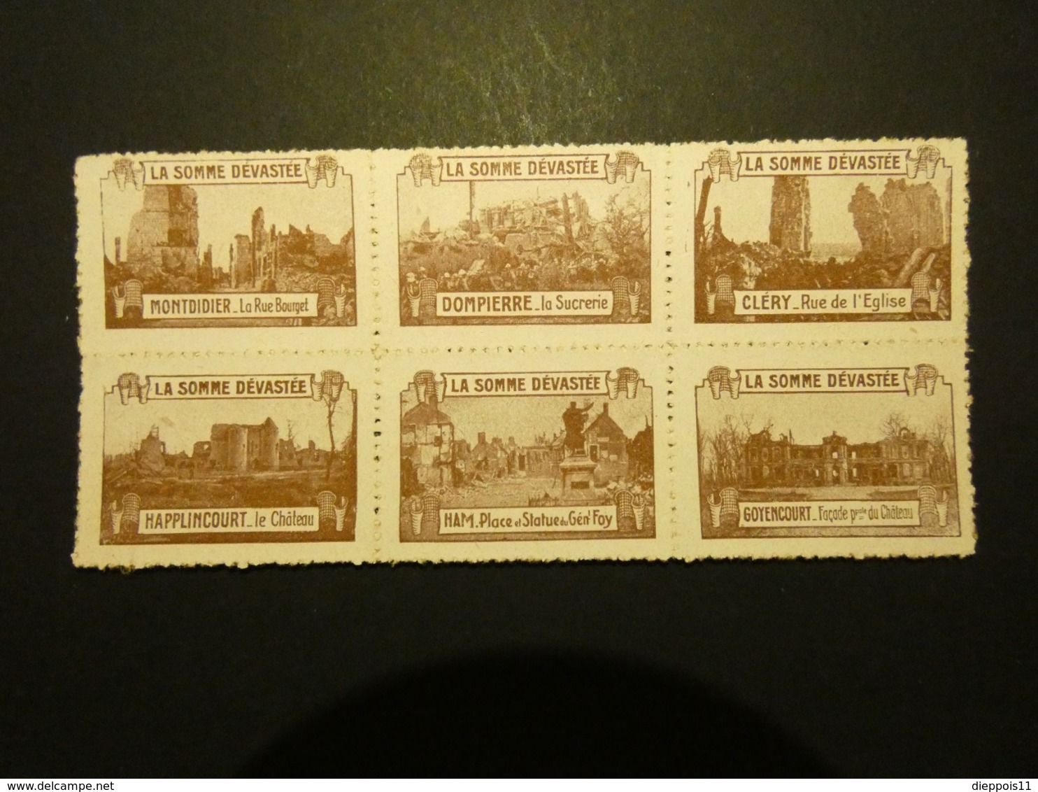 FRANCE Poster Stamp Cinderella Vignette Marken La Somme Devastée Guerre Propagande Bloc De 6 Type Delandre - Vignettes Militaires