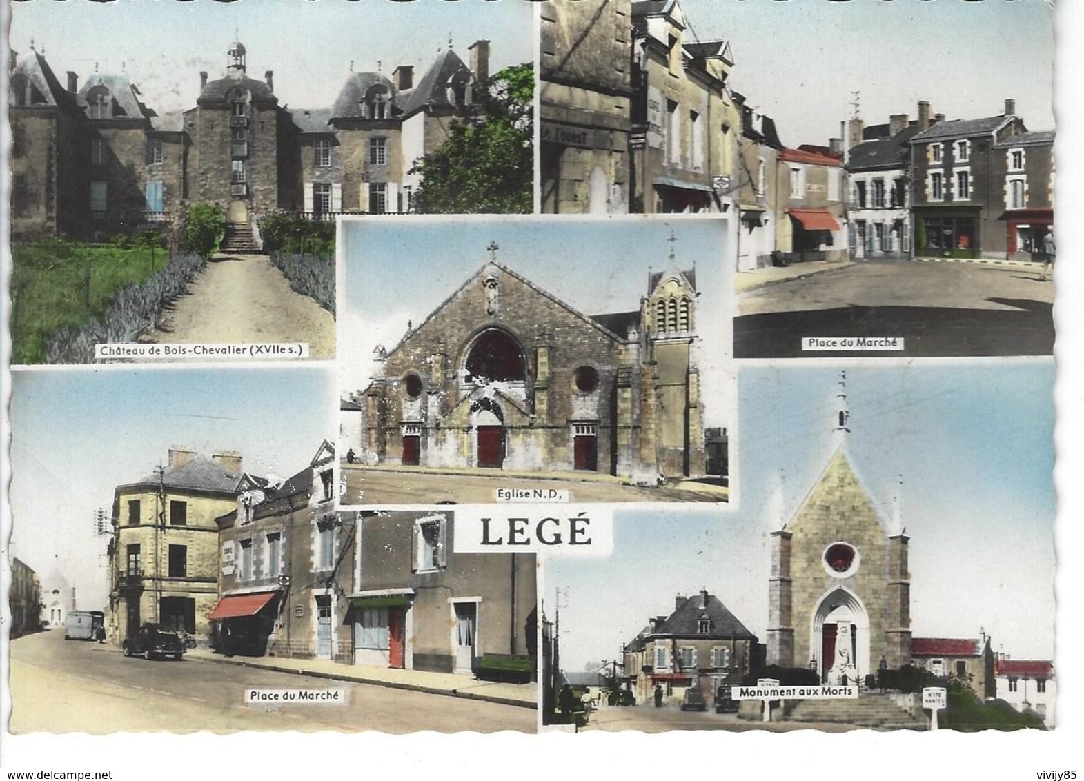44 - LEGE - T.B. Carte Couleur Multi Vues ( Eglise , Château , Place Du Marché , Monument Aux Morts ) - Legé