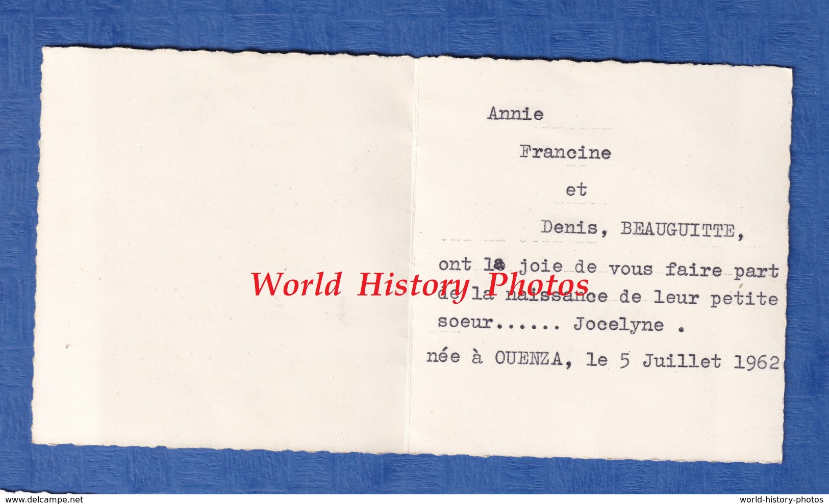 Carte Ancienne - Faire Part De Naissance - Jocelyne BEAUGUITTE Née à OUENZA Le 5 Juillet 1962 - Annie Francine Denis - Naissance & Baptême