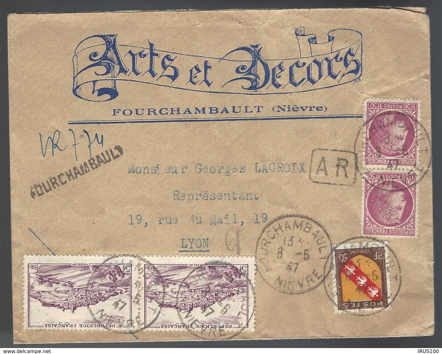 RECOMMANDÉ AVEC AR DE FOURCHAMBAULT (NIÈVRE) POUR LYON - 1947 - ARTS ET DÉCORS - - Storia Postale