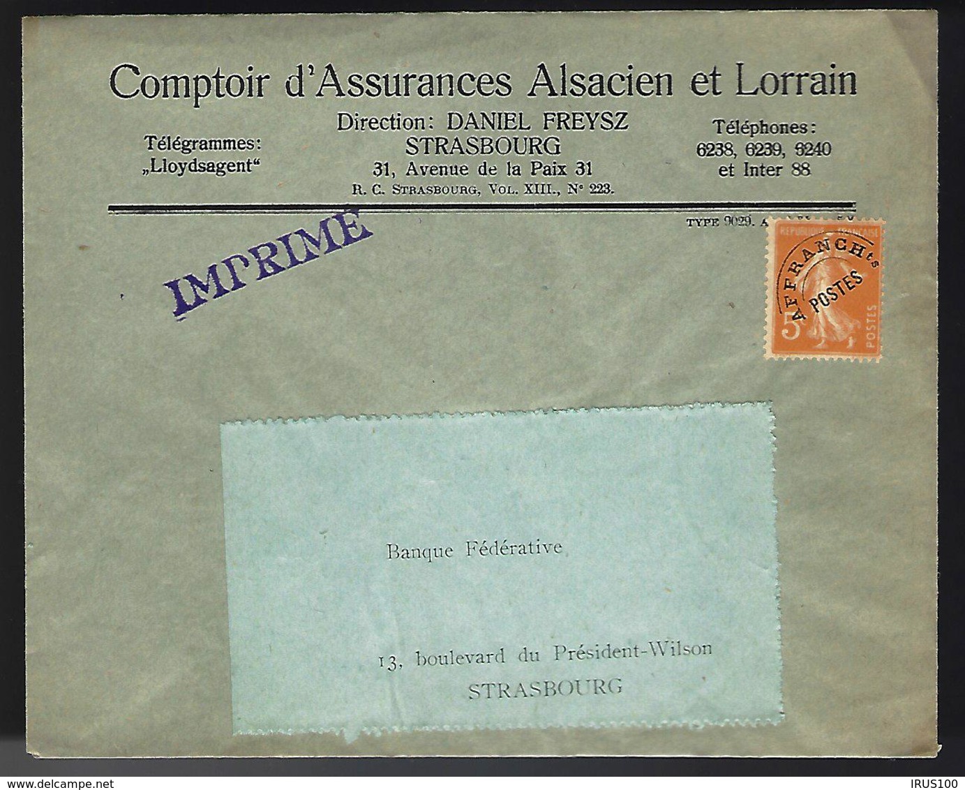 LETTRE POUR STRASBOURG - AFFRANCHISSEMENT T. PRÉOBLITÉRÉ 5c SEMEUSE - 1893-1947