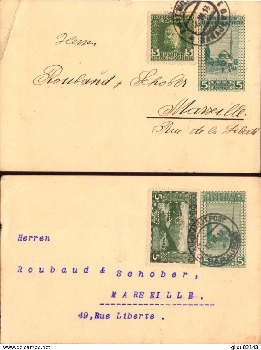 Entier Postal Bosnie-Herzegovine, Sarajevo Pour La France Avec Timbres Perforé P.L.B, 1912, 2 Cartes   (bon Etat) - Bosnie-Herzegovine