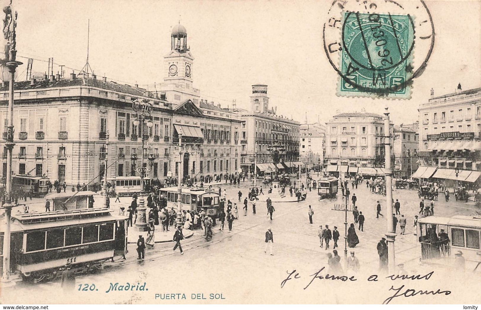 Espagne Madrid Puerta Del Sol + Timbre Cachet Madrid 1905 Cpa Carte Animée Tram Tramway - Madrid