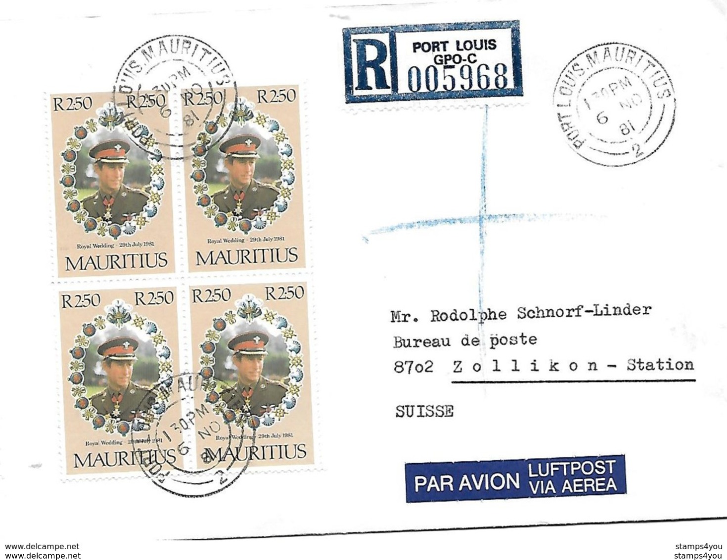 158 - 33 - Enveloppe Recommandée Envoyée De Port-Louis En Suisse 1981 - Mauritius (1968-...)