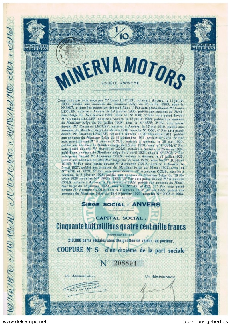 Titre Ancien - Minerva Motors - Société Anonyme - Titre De 1929 - - Automobile