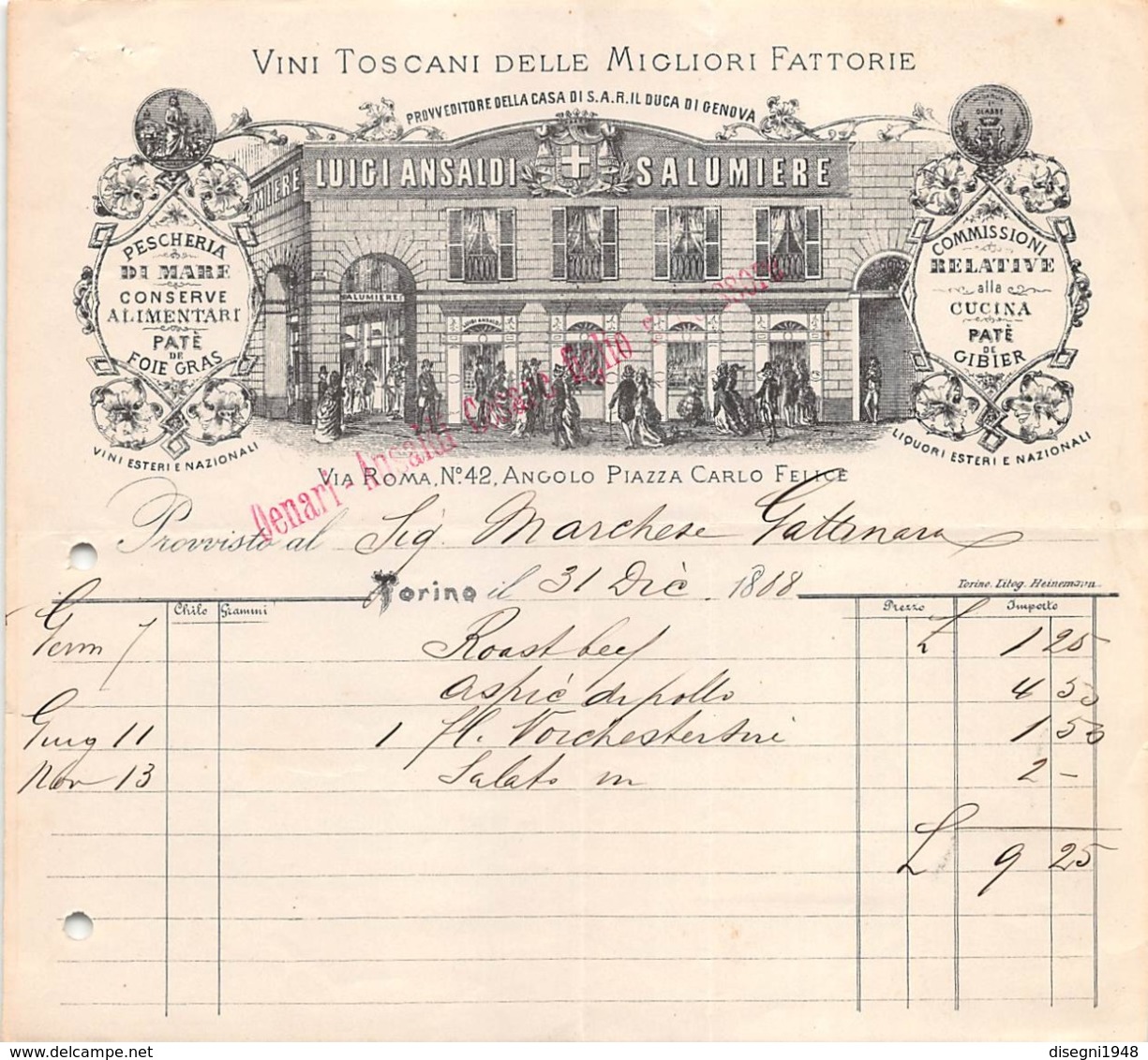 08667 "LUIGI ANSALDI SALUMIERE - VINI TOSCANI DELLE MIGLIORI MARCHE - PESCHERIA DI MARE...- TORINO - FATTURA 1888" ORIG. - Italia