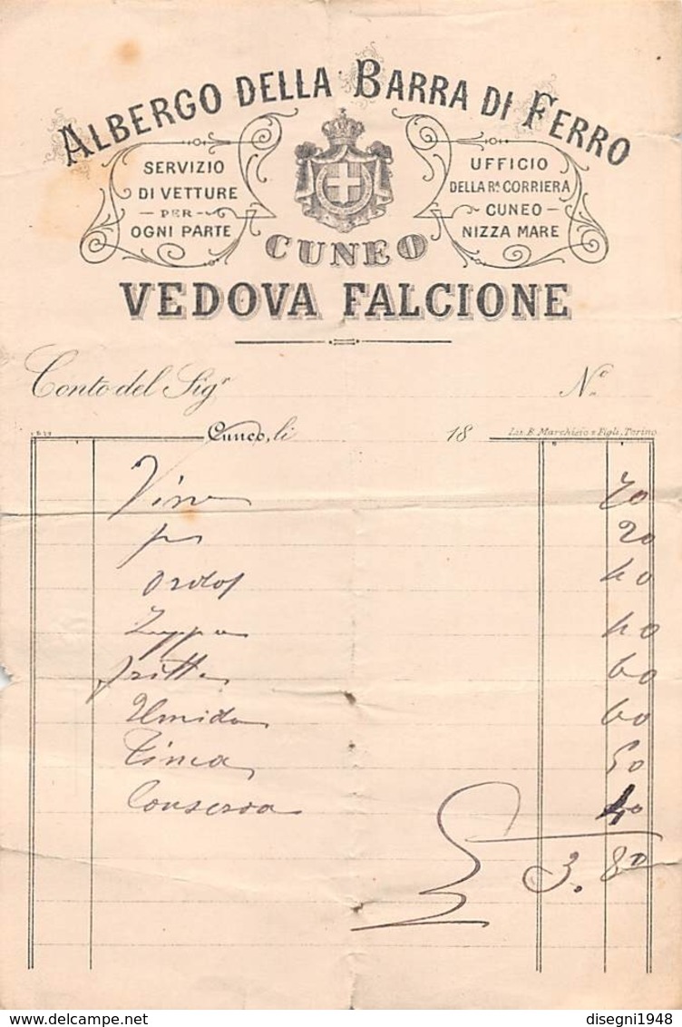 08670 "ALBERGO DELLA BARRA DI FERRO - CUNEO - VEDOVA FALCIONE  UFF R. CORRIERA CUNEO NIZZA MARE- FATTURA 18.." ORIG. - Italia