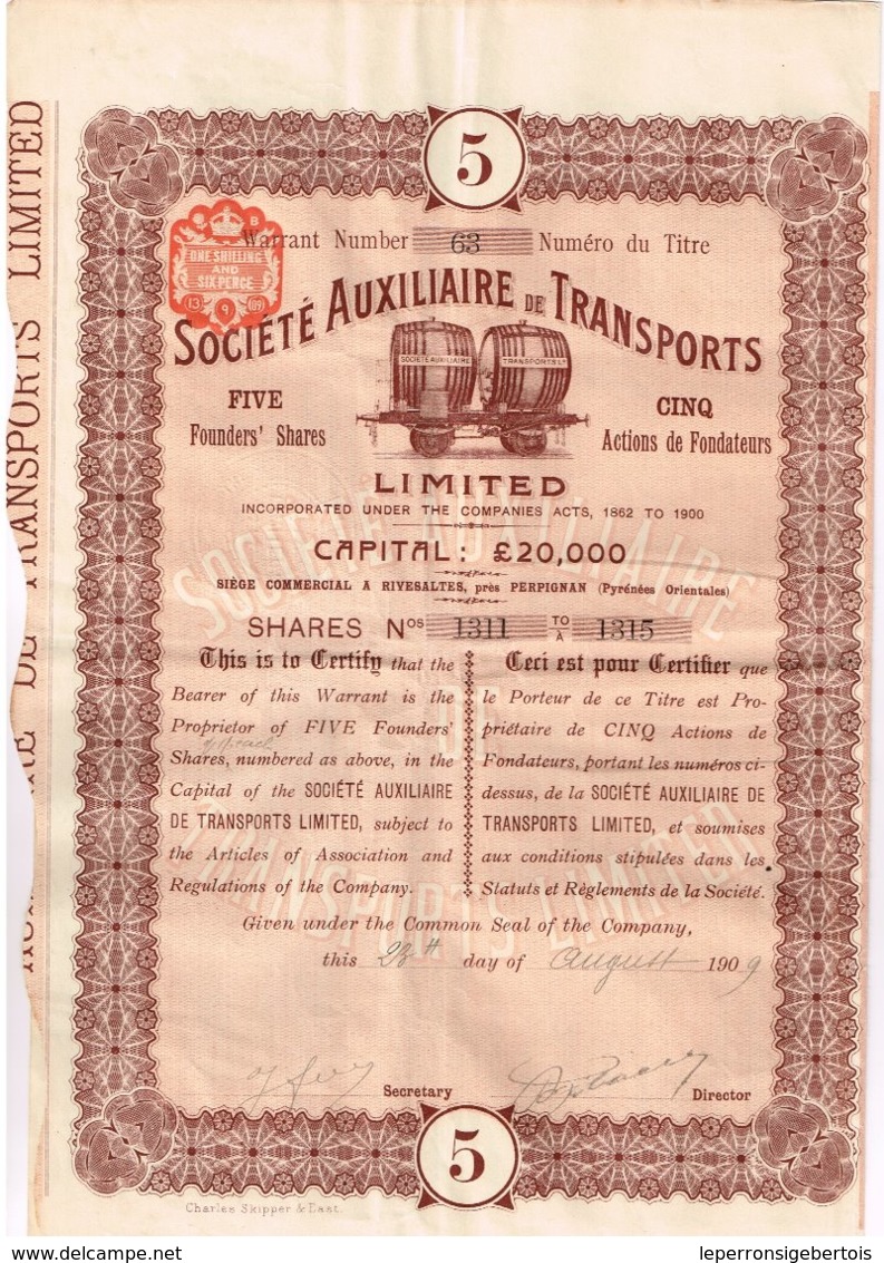 Titre Ancien - Société Auxiliaire De Transports - Titre De 1909 - Transports