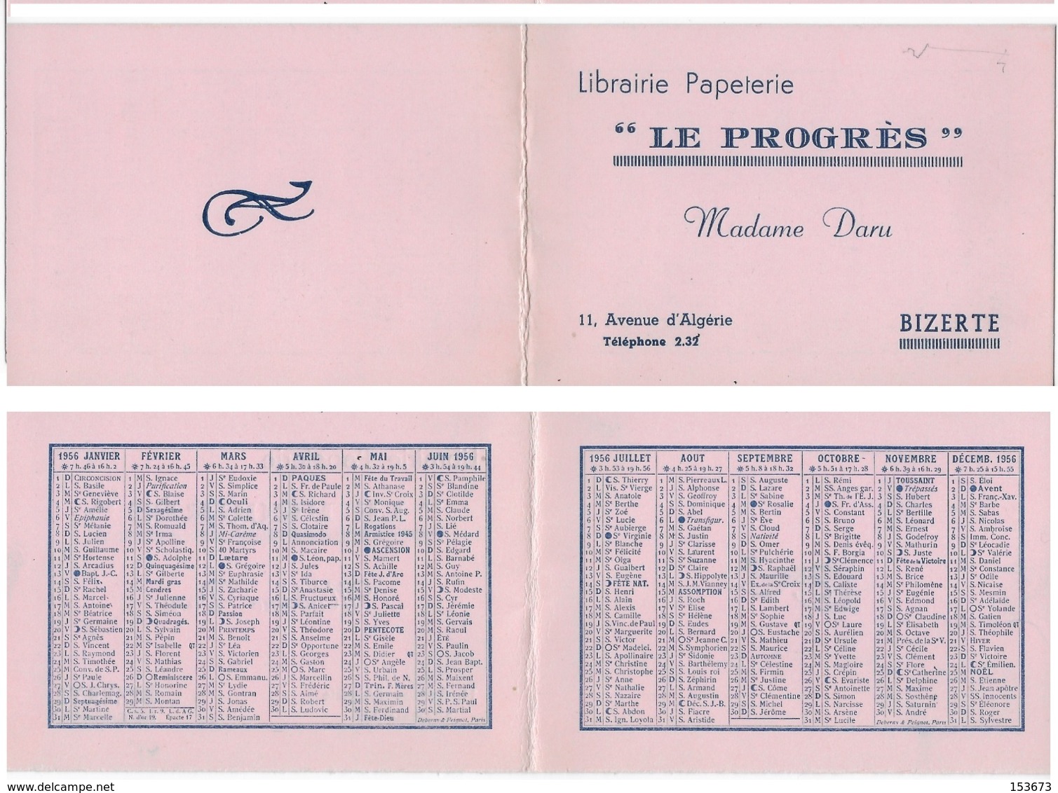 Calendrier Publicitaire Horizontal Pliant Librairie Papeterie " LE PROGRÈS" Madame DARU BIZERTE ( TUNISIE ) 1956 - Petit Format : 1941-60