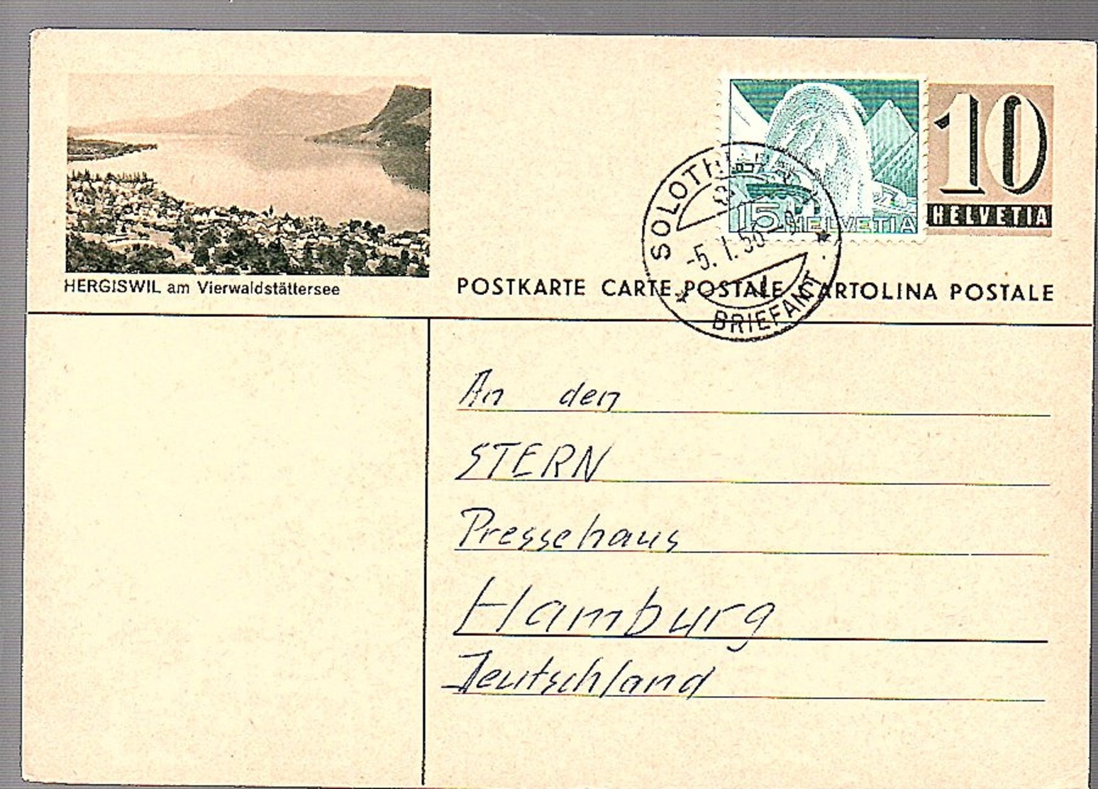 1956 HERGISWIL Solothurn > Hamburg (650) - Ganzsachen