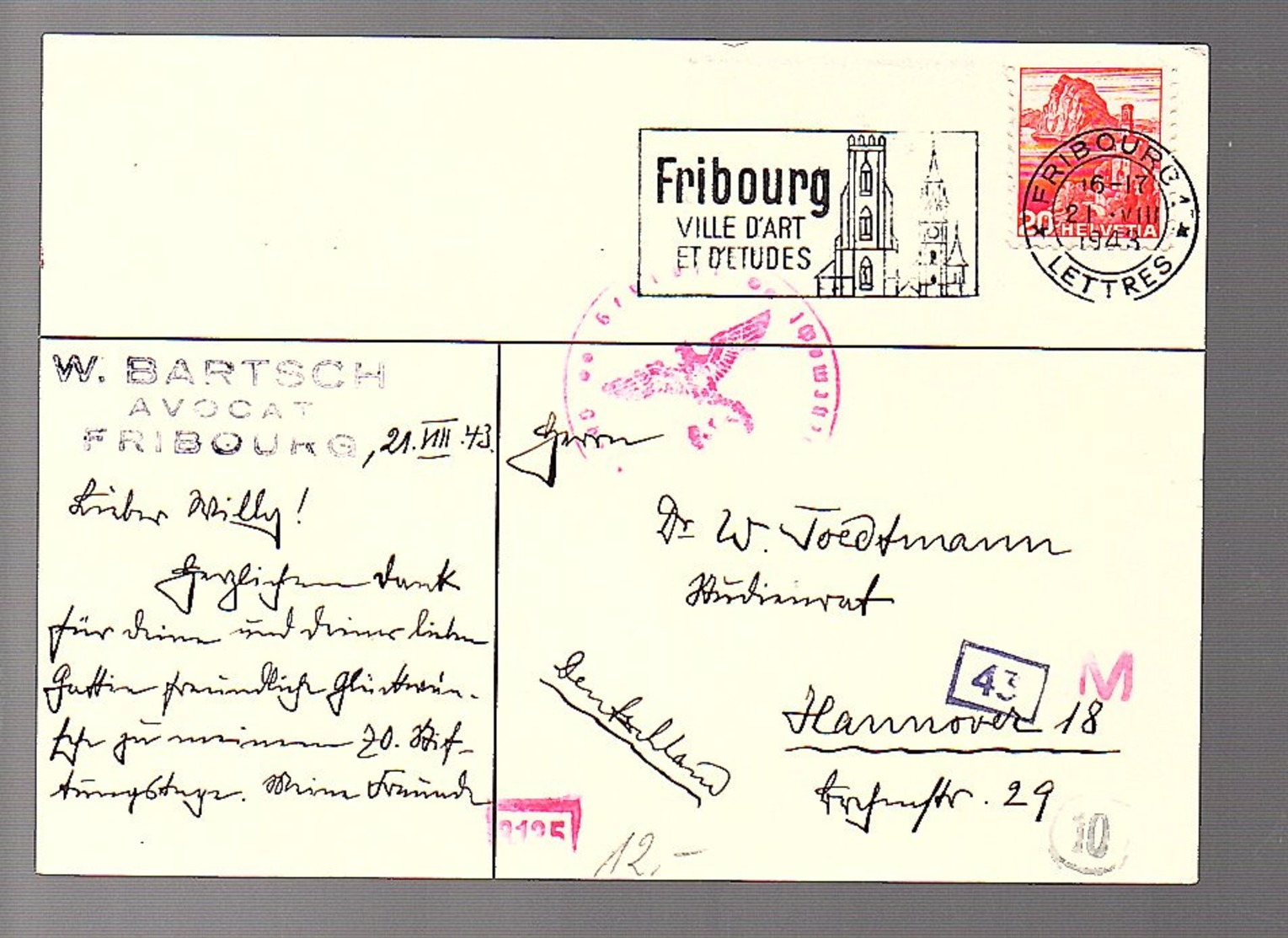 Nazi Censor WIGWAM BARTSCH Fribourg > Hannover (662) - Interi Postali