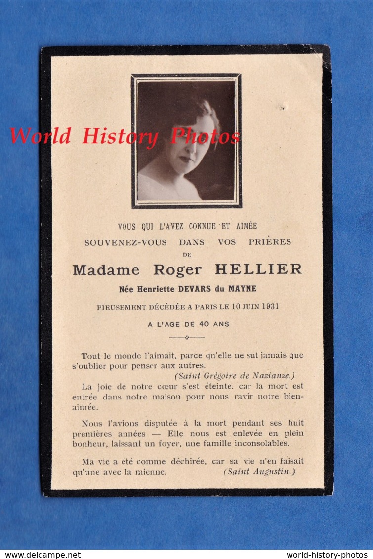 Faire Part De Décés Avec Photo - PARIS - Henriette DEVARS Du MAYNE épouse De Roger HELLIER - 10 Juin 1931 - Décès